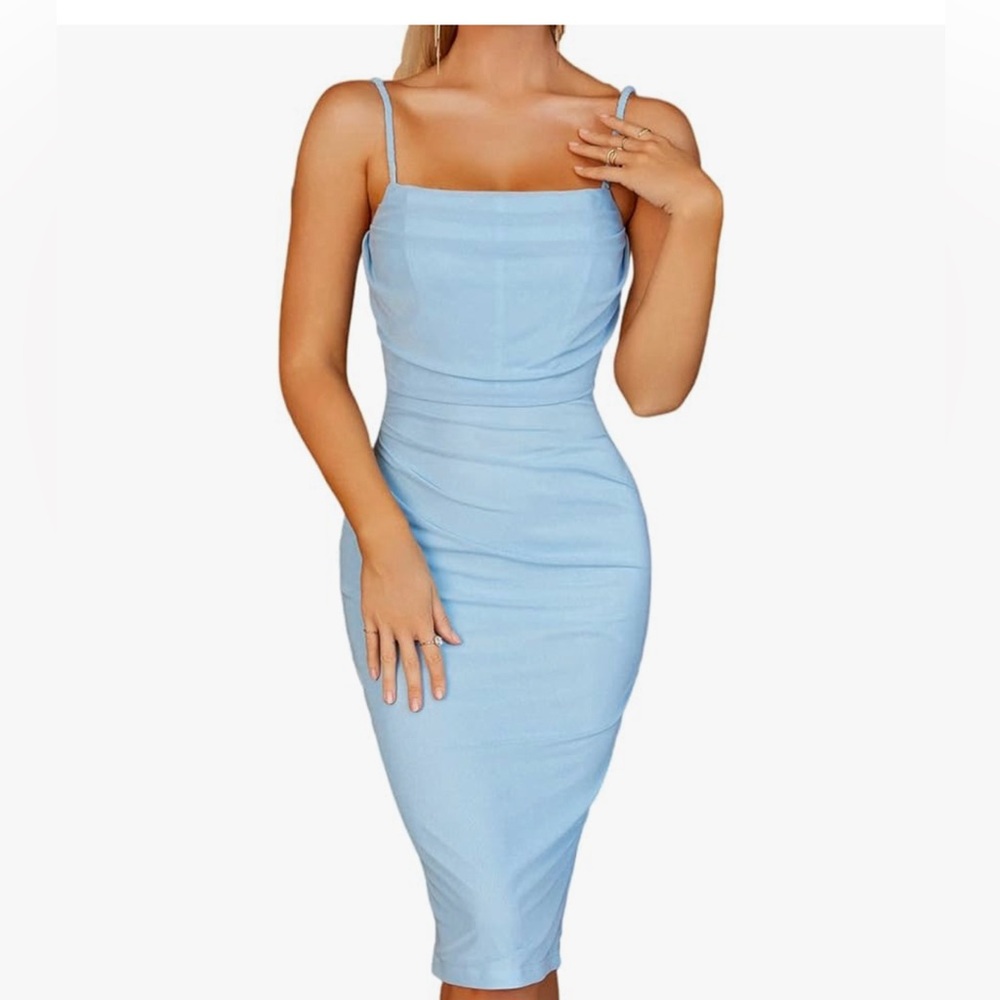 XinFSh Women's Party blue Bodycon Dress, Spaghetti Strap, Elegant Midi Dress